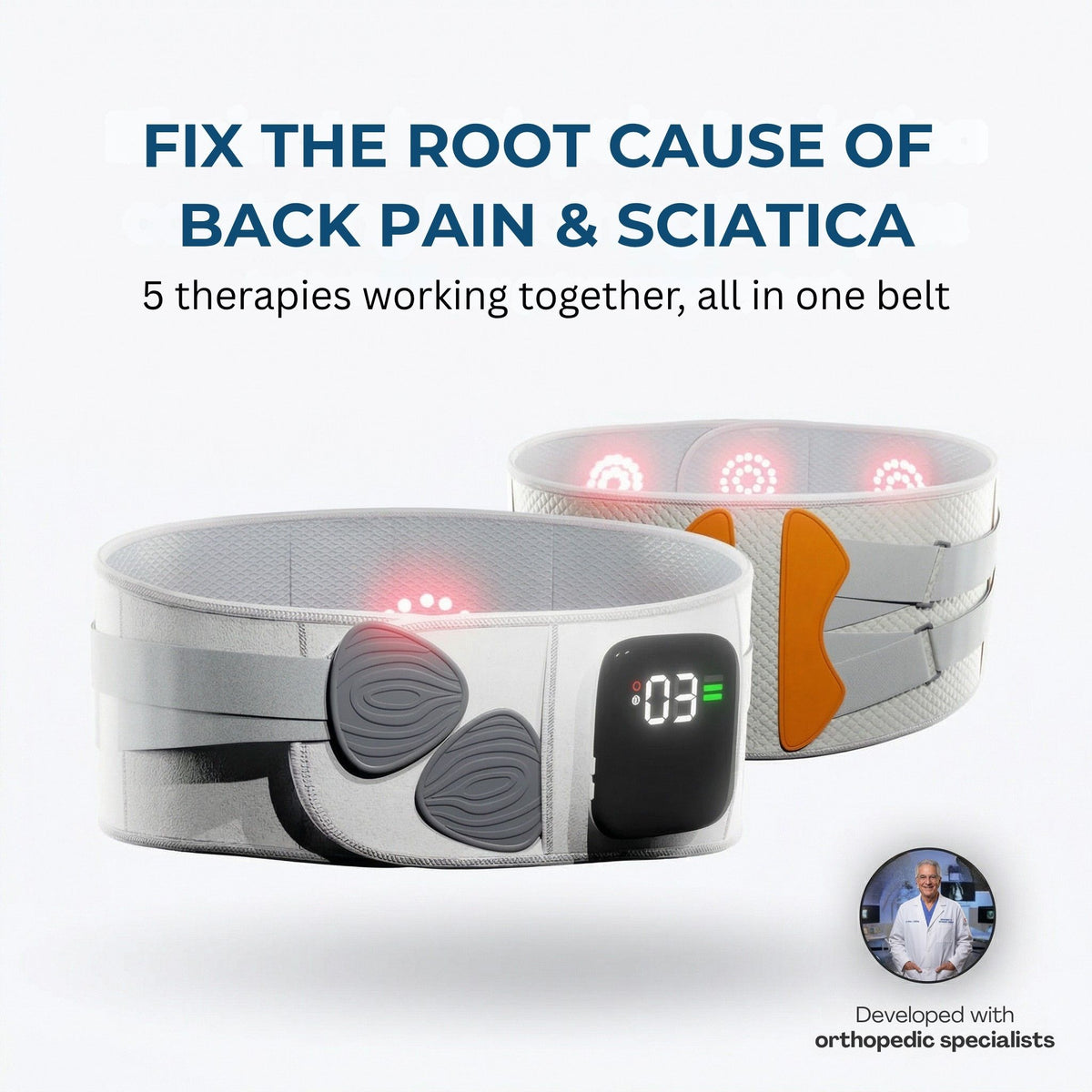 Two medical belts with digital display and LED lights on a white background, promoting relief from back pain and sciatica.
