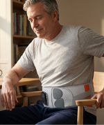 Man sitting at a desk with a laptop, wearing a white belt with orange accents.